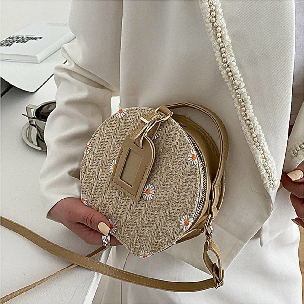Daisy Flower Embroidered Round Straw Crossbody Bag in Khaki - Picture 1 of 9